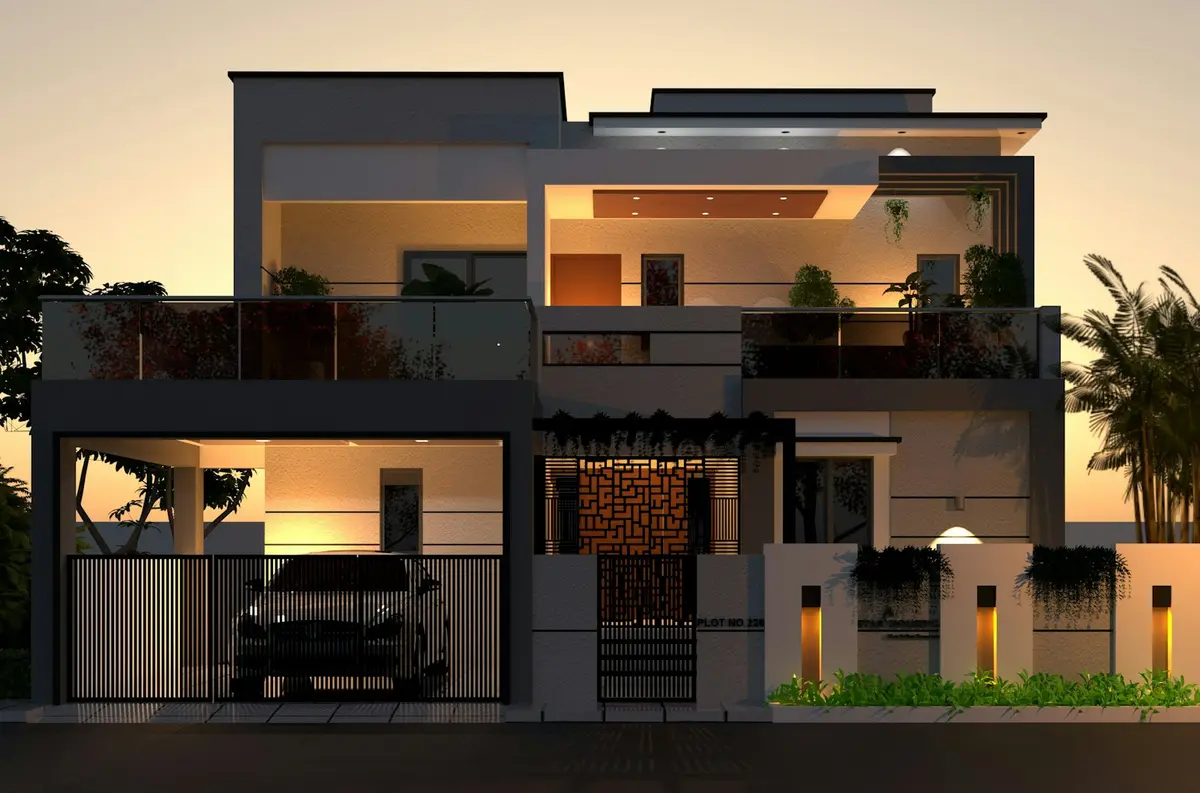 A modern villa lit at dusk