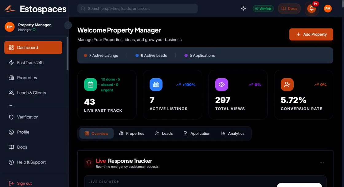 EstoSpaces property manager dashboard showing Fast Track, listings, leads, applications, and performance metrics