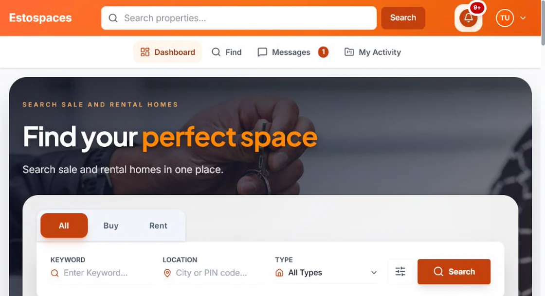 EstoSpaces seeker dashboard showing property search controls and primary navigation